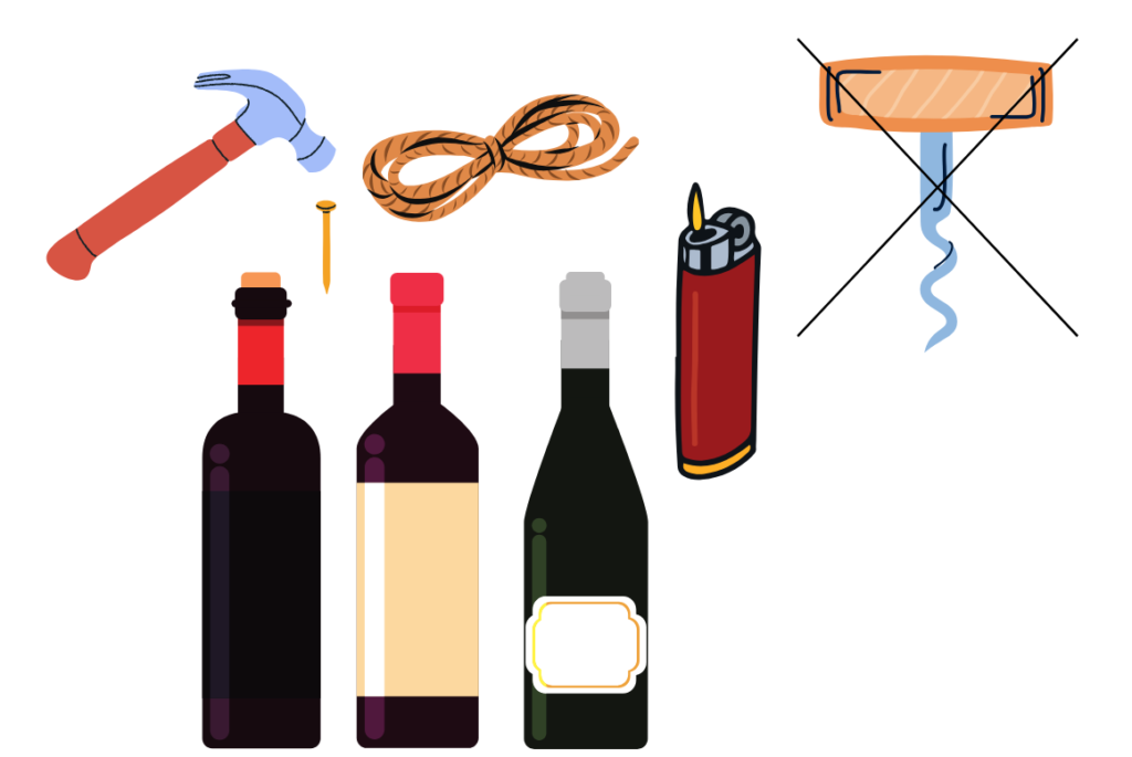 ワインオープナーがない時に使える代用品として、ライター、梱包用紐、ハンマーと釘、ワインボトルのイラスト