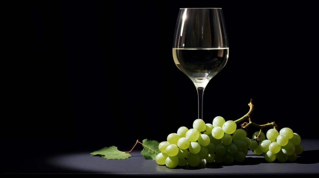 黒の背景に白ワインと緑のブドウ