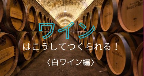 木製の樽熟成庫が並んでいる背景に、ワインはこうしてつくられる〈白ワイン編〉の文字
